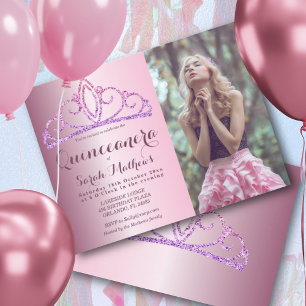 Invitation Couronne Pailletée Rose Quinceanera