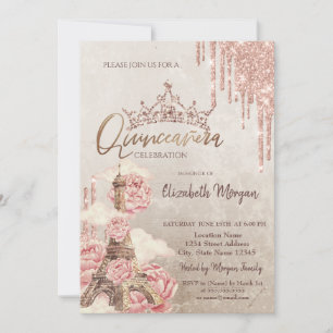 Invitation  Couronne pailletée Tour Eiffel florale Quinceañer