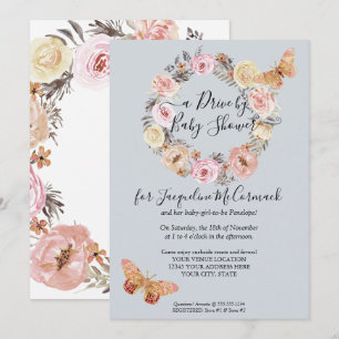 Invitation Couronne papillon de douche Floral Bleu Poussiéreu