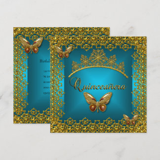 Invitation Couronne papillon sarcelle or pour Quinceanera