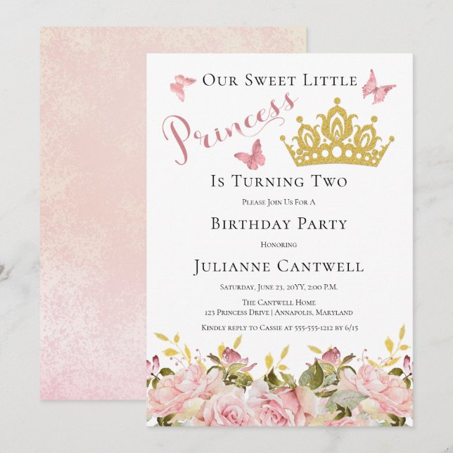 Invitation Couronne | Papillons Floral Princesse 2e anniversa (Devant / Derrière)