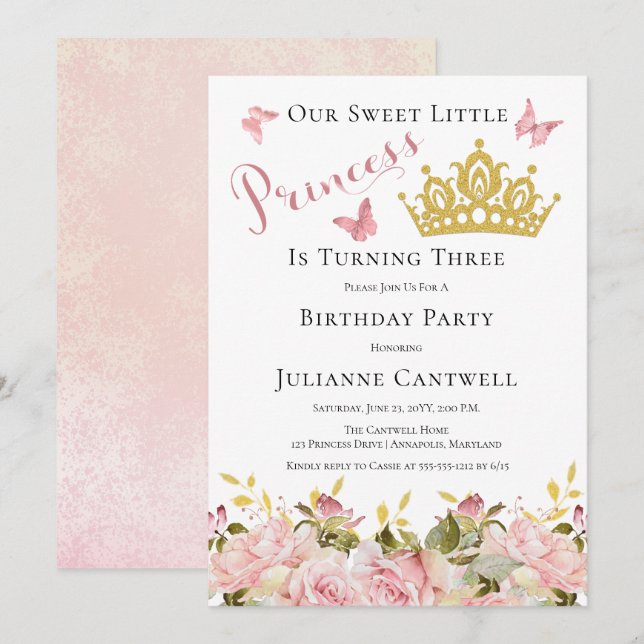 Invitation Couronne | Papillons Floral Princesse 3e anniversa (Devant / Derrière)