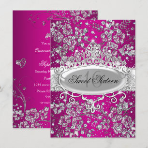 Invitation Couronne Pretty Tiara Fleurs Étincelantes Rose fêt