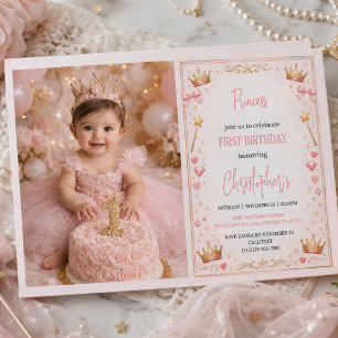 Invitation Couronne Princesse en Or Rose Conte de Fées 1er An