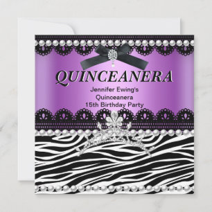 Invitation Couronne Quinceanera 15ème Rose Violet Noir Zèbre