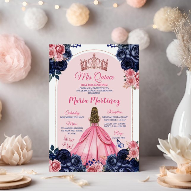 Invitation Couronne rose et marine Blue Floral Princess Mis Q (Créateur téléchargé)