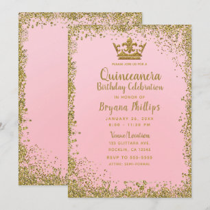 Invitation Couronne Rose Pâle et Dorée Pailletée Quinceañera