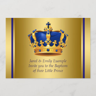 Invitation Couronne Royale Bleue et Or Baptême du Prince