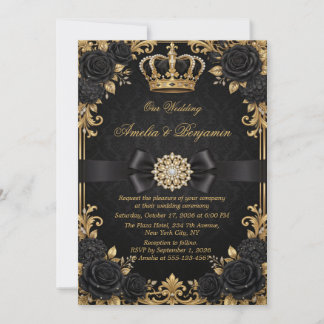 Invitation Couronne Royale de Mariage Elégant en Or Noir