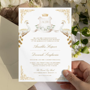 Invitation Couronne Royale Mariage Indien Paon Blanc