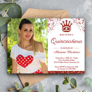 Invitation Couronne Royale Rouge Paillettes Photo Quinceanera