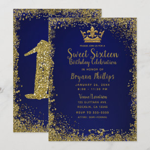 Invitation Couronne scintillante bleue royale et or pour fête