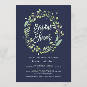 Invitation Couronne verte feuillue   Fête des mariées bleue d