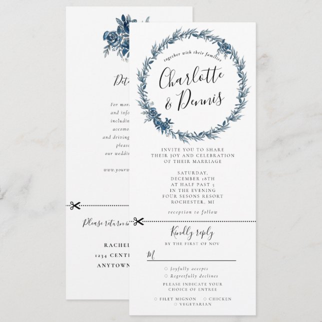 Invitation courroie florale bleu aquarelle avec fixation rsvp (Devant / Derrière)