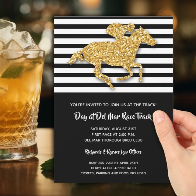 Invitation Course à cheval de Parties scintillant en bande no (Gold racehorse on black and white stripes party invitations - PRINTED and/or INSTANT DOWNLOAD)
