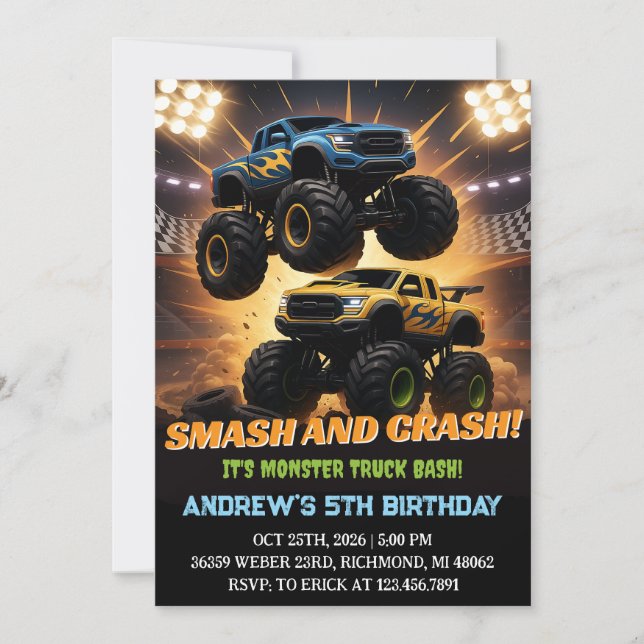 Invitation Course de Camion Monster Personnelle Anniversaire (Devant)