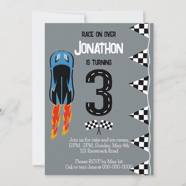 Invitation Course sur plus de 3e anniversaire Racecar Party (Devant)
