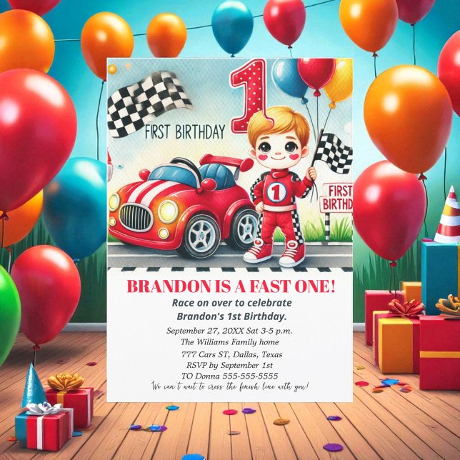 Invitation Course sur Red Car 1er anniversaire garçon enfants (Créateur téléchargé)