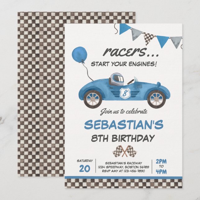 Invitation Course Voiture Anniversaire Blue Racing Track Anni (Devant / Derrière)