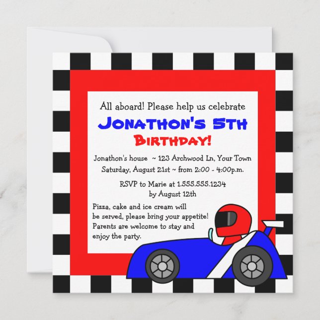 Invitation Coute Racing Enfants à thème Anniversaire (Devant)