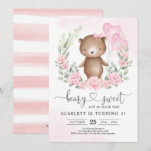 Invitation Coute Teddy Bear Girl Birthday Heart Balloons Part