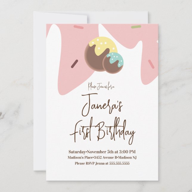 Invitation Couteau Cute Pop Balls Frosting Premier anniversai (Devant)