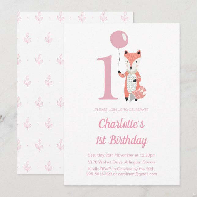 Invitation Couteau Fox & Balloon rose 1er anniversaire (Devant / Derrière)