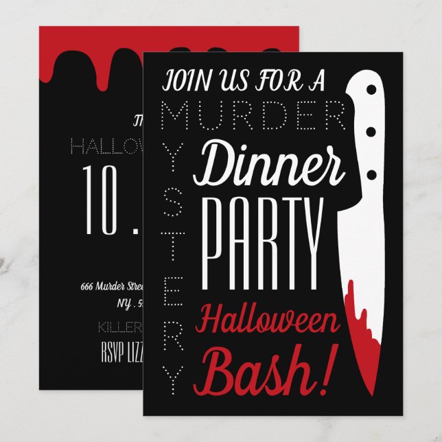 Invitation Couteau sanglant, Meurtre Mystère Fête d'Halloween (Devant / Derrière)