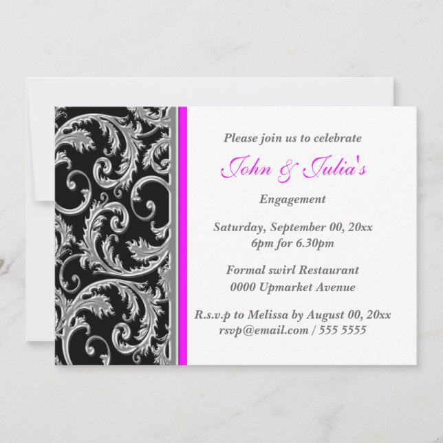Invitation COUTUME rose noire d'anniversaire de fiançailles (Devant)