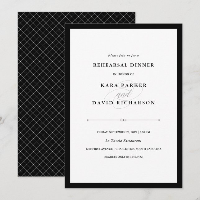 Invitation Couture élégante | Dîner de répétition noir et bla (Devant / Derrière)