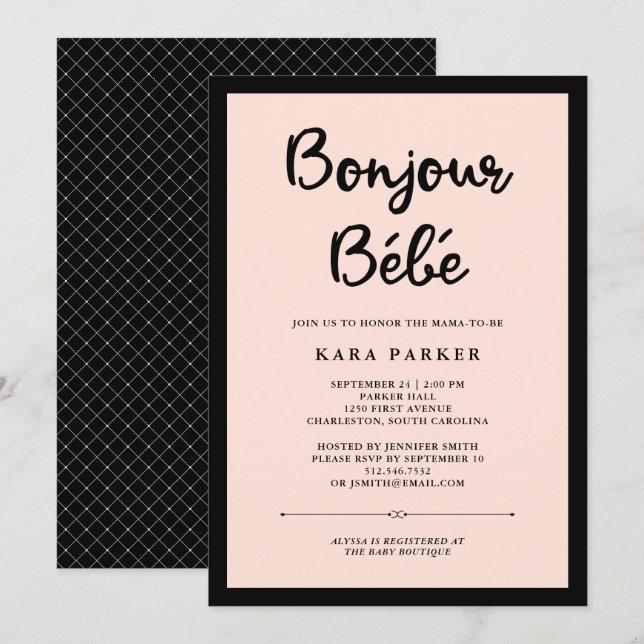 Invitation Couture française| Baby shower noir et rose (Devant / Derrière)