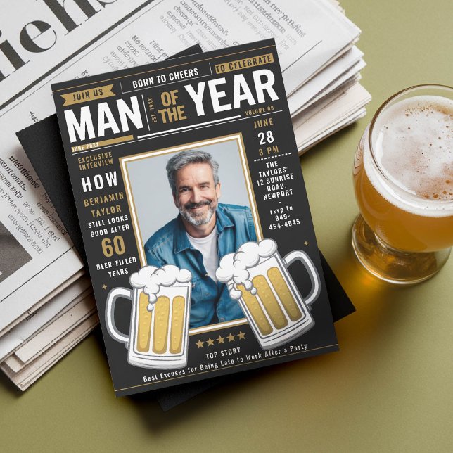 Invitation Couverture de la revue de bière Hommes amusants Ad (men birthday party invitation beer themed magazine cover funny photo template black gold photo 40 50)