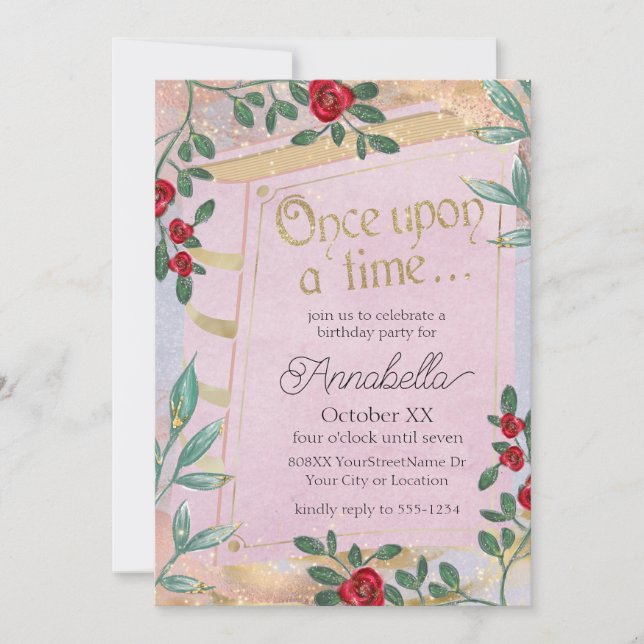 Invitation Couverture de livre de fée rose avec les roses rou (Devant)