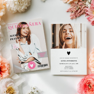 Invitation Couverture de magazine 2 photos rose tendance Quin