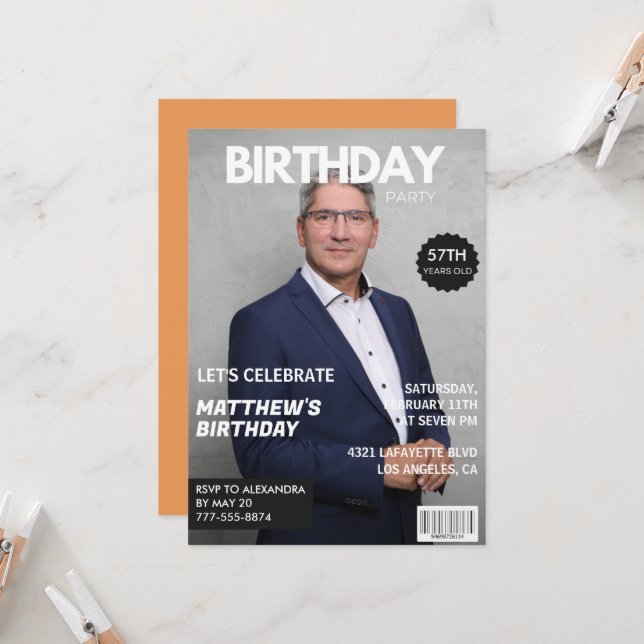Invitation Couverture de magazine moderne pour lui 56e annive (Devant/Arrière en situation)