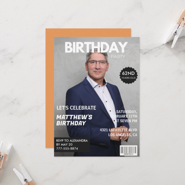 Invitation Couverture de magazine moderne pour lui 62e annive (Devant/Arrière en situation)