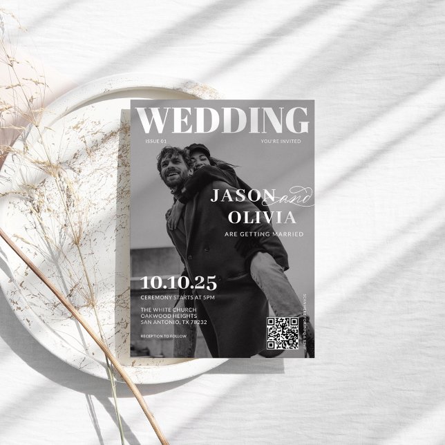 Invitation Couverture de magazine noir et blanc Photo Mariage (Créateur téléchargé)