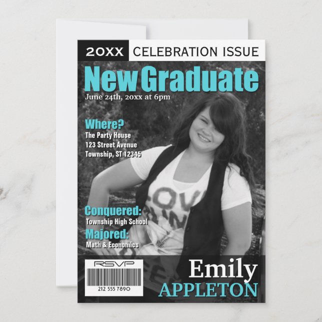 Invitation Couverture de magazine Turquoise Graduation Invita (Devant)