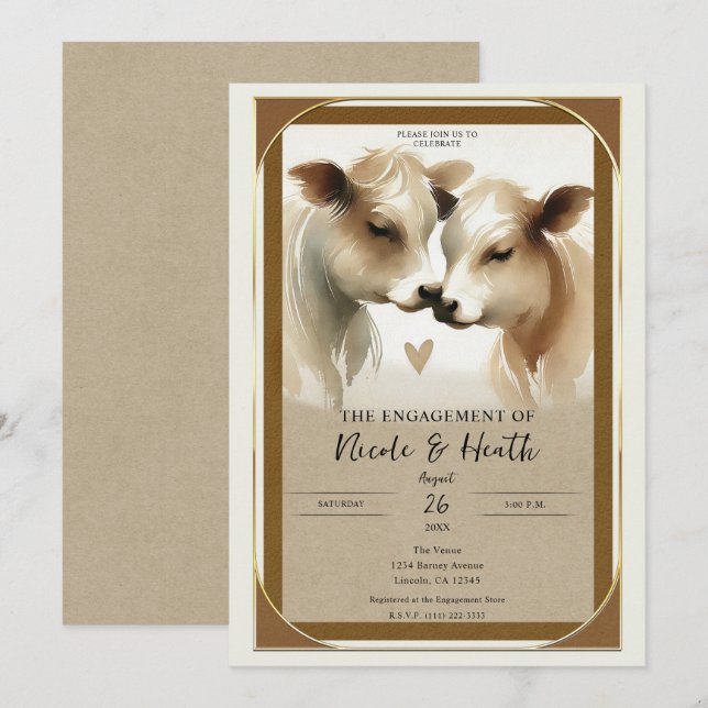 Invitation Cow Love Brown Cream Country Engagement Party (Devant / Derrière)