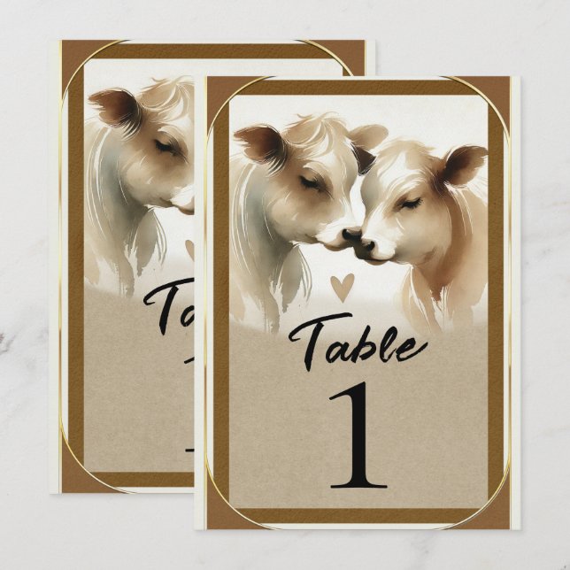 Invitation Cow Love Brown Cream Mariage campagnard Numéro de  (Devant / Derrière)