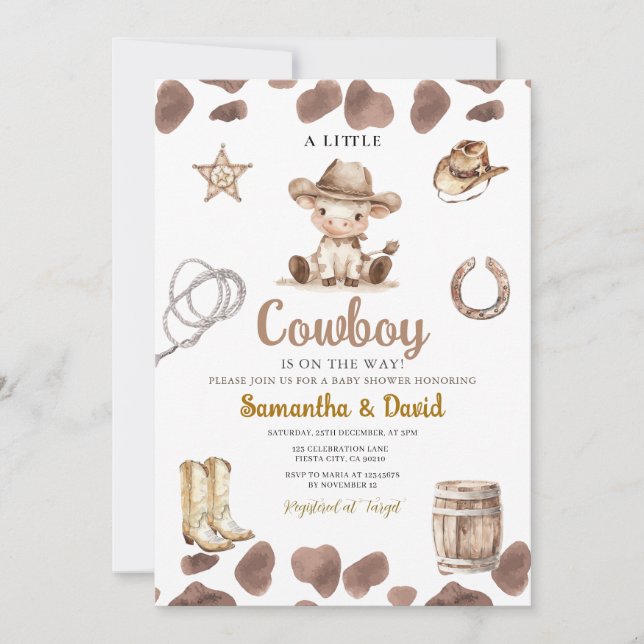 Invitation Cow Pattern Cowboy is on the Way Baby Shower  (Devant)
