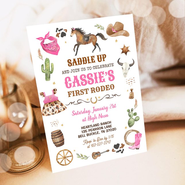 Invitation Cowboy 1st Rodeo Rose Wild West Thème Anniversaire (Créateur téléchargé)