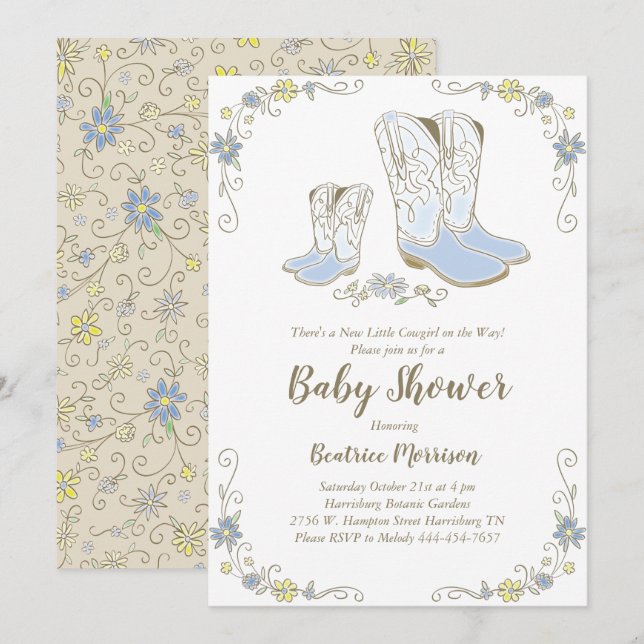 Invitation Cowboy Baby shower Pays Western Blue Boy (Devant / Derrière)