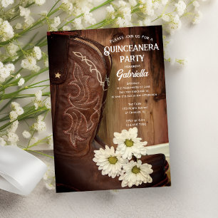 Invitation Cowboy Boot White Daisy Western Quinceanera Party