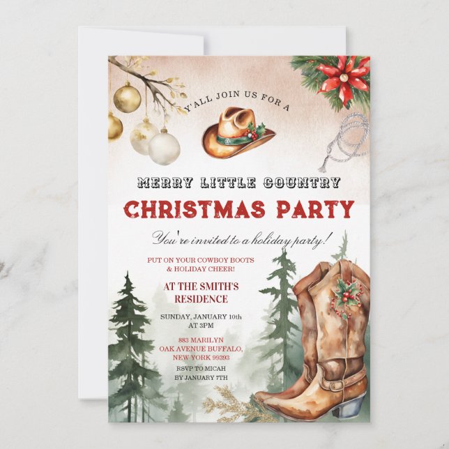 Invitation Cowboy Boots Merry Little Country Christmas Party (Devant)