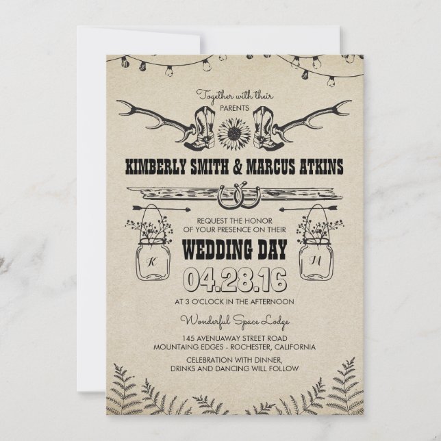 Invitation Cowboy Boots Sunflower Country Rustic Barne Mariag (Devant)