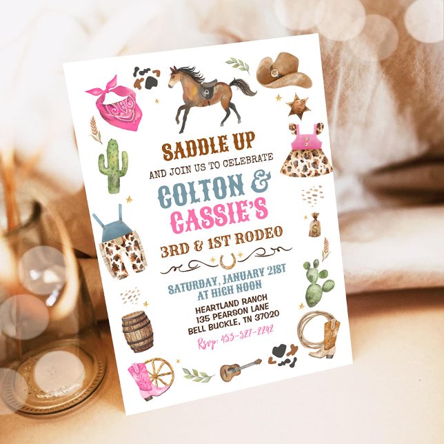 Invitation Cowboy Cowgirl Sibling Blue Pink 1er Rodeo Party (Créateur téléchargé)