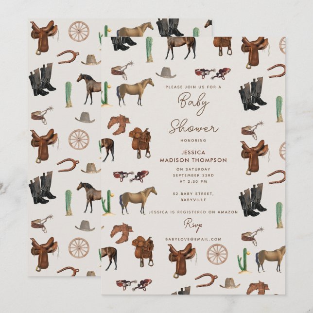 Invitation Cowboy Cowgirl Western Rodeo Pays Baby shower (Devant / Derrière)