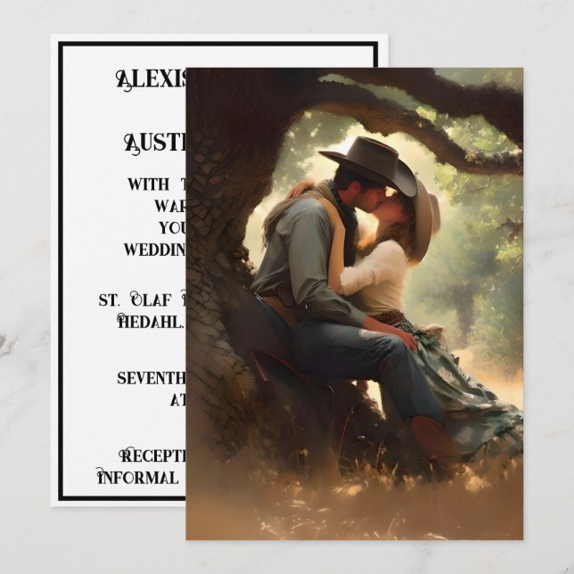 Invitation Cowboy et Cowgirl Kissing Mariage (Devant / Derrière)