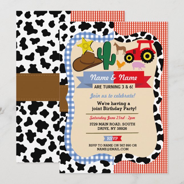 Invitation Cowboy & Farm Joint Boy Girl Anniversaire Animal H (Devant / Derrière)